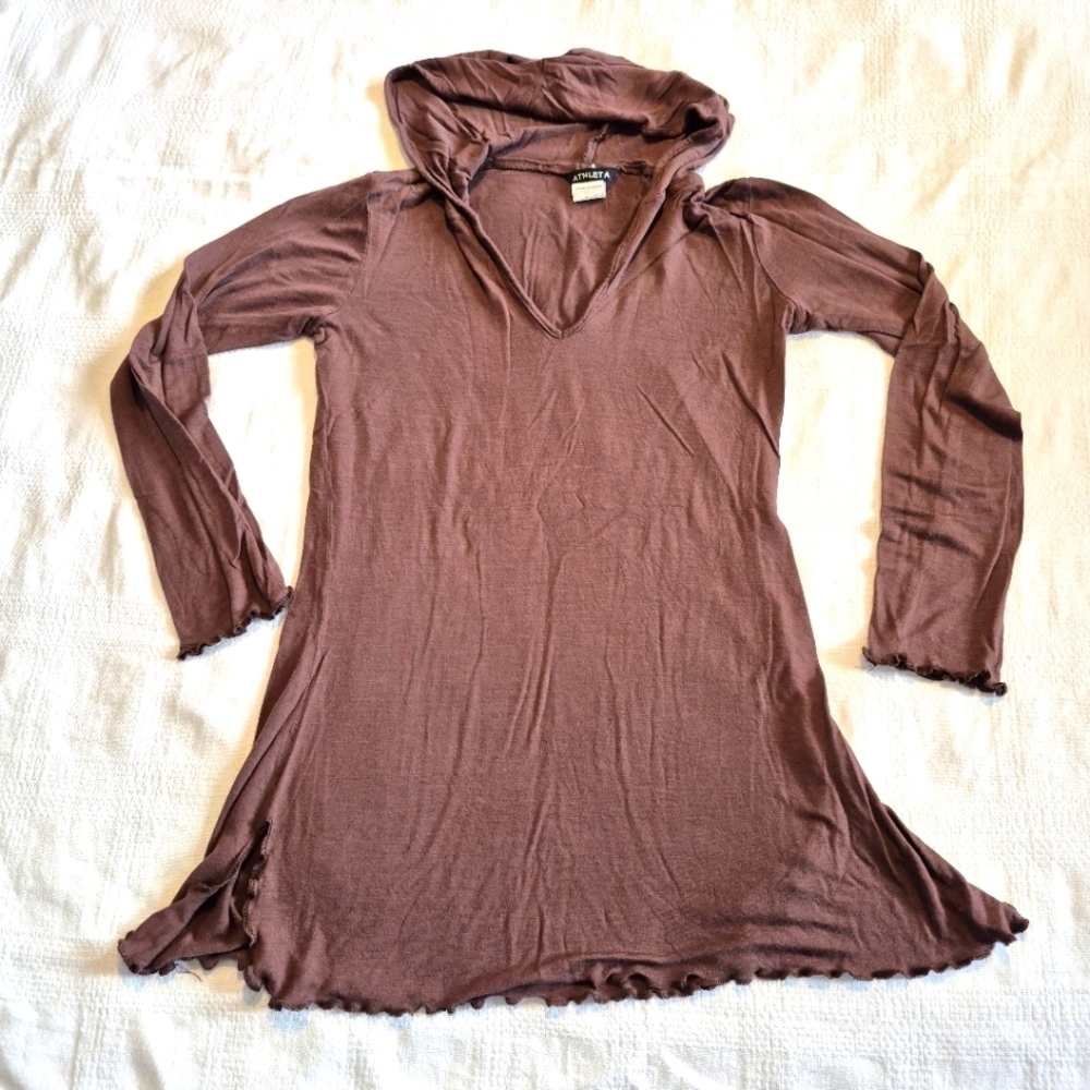 Athleta women's size XXS light mineral brown hooded lettuce leaf trim shirt VGUC